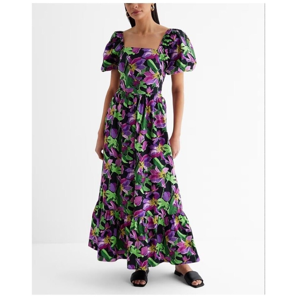 Floral Square Neck Puff Sleeve Tiered Poplin Maxi Dress Medium NWT